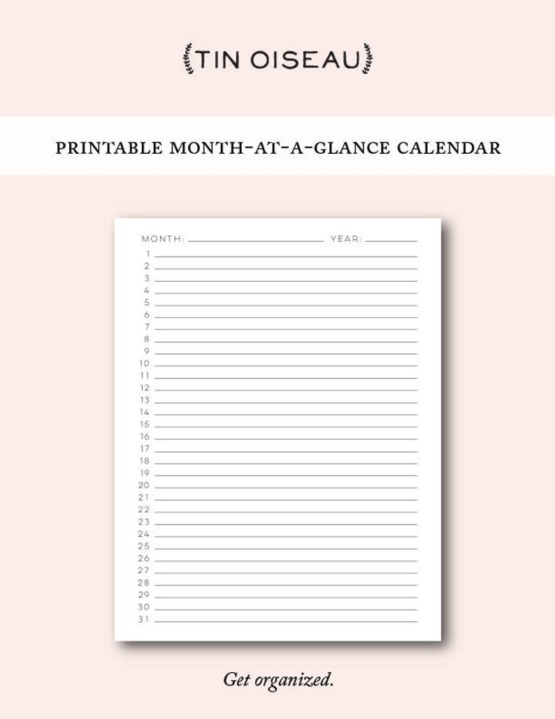 Printable Blank Month At A Glance Monthly Calendar Template | Etsy with regard to Schedule At A Glance Template