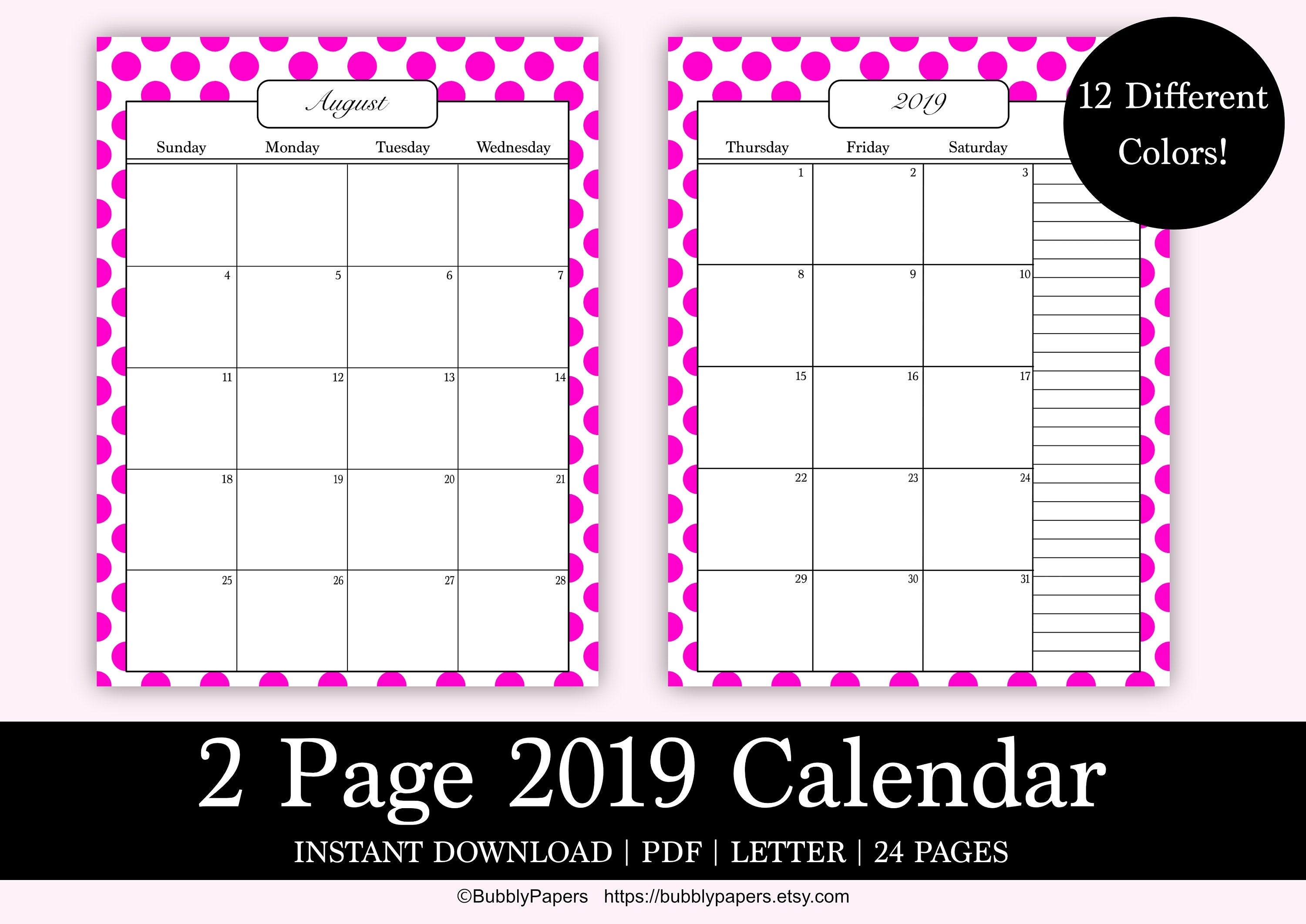 Printable Calendar 2 Page Month 2019 Planner Monthly Printable | Etsy with Monthly Calendar 2 Page To Print