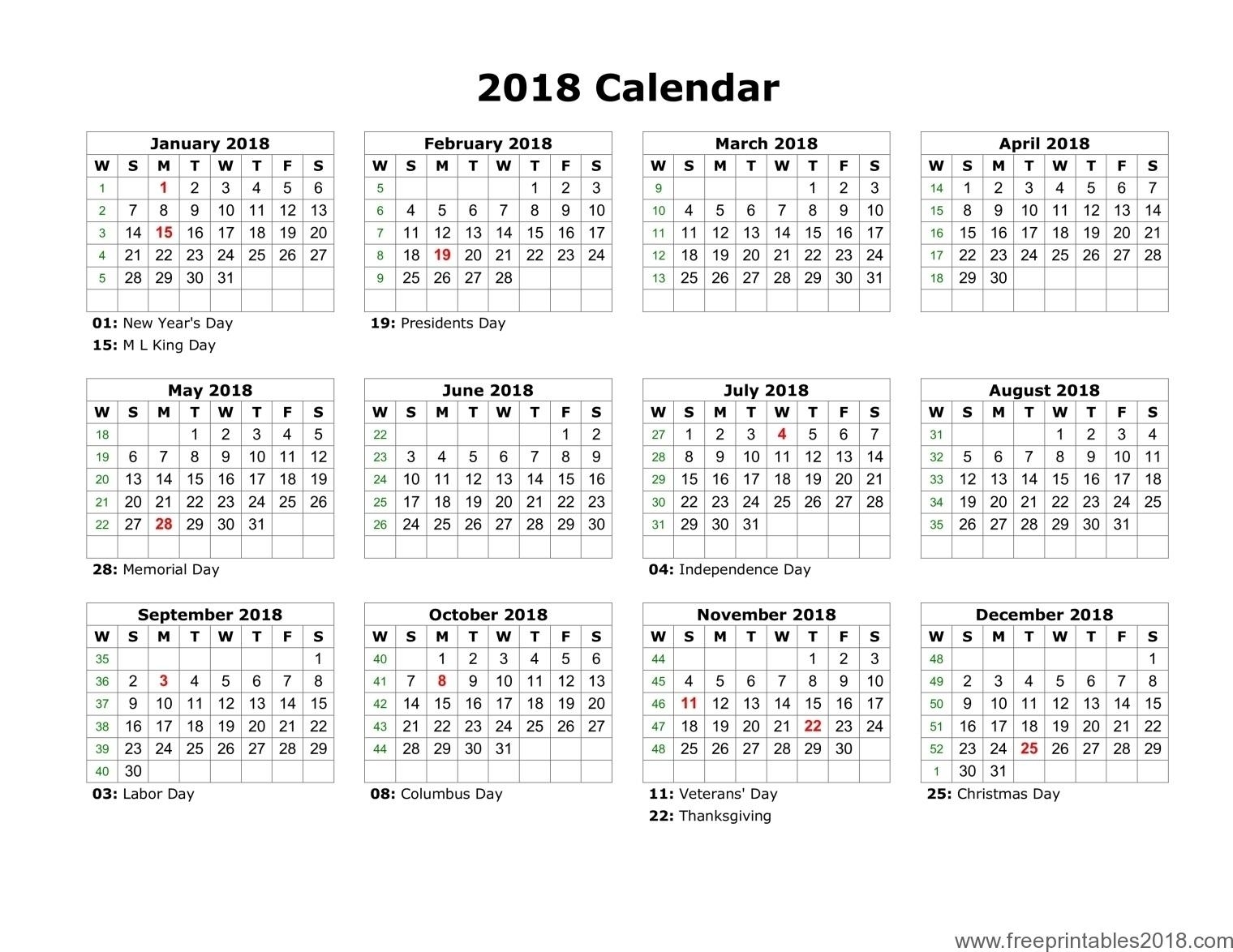 Printable Calendar 2018 (January To December) With Holidays &amp; Notes in Images Of A Calendar January Through December