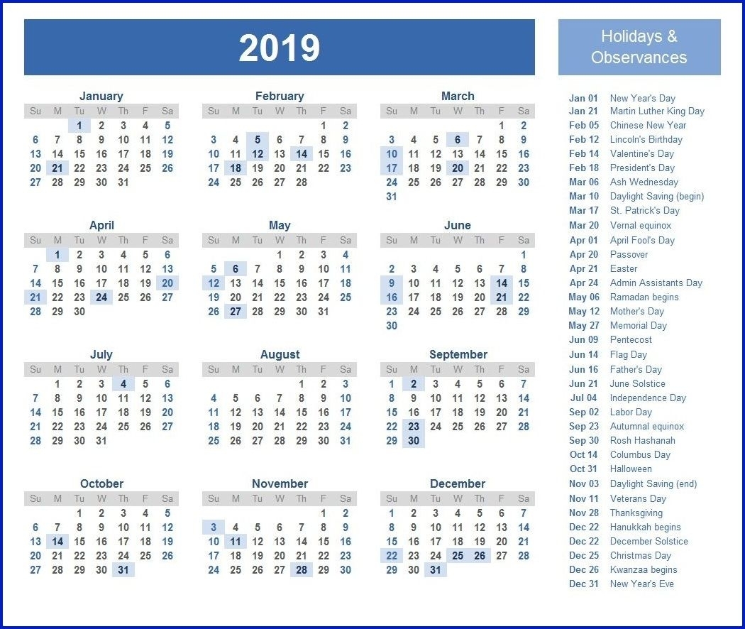 Printable Calendar 2019 Holidays | Yearly Calendar In One Page in 12 Month Calendar Picture Ideas