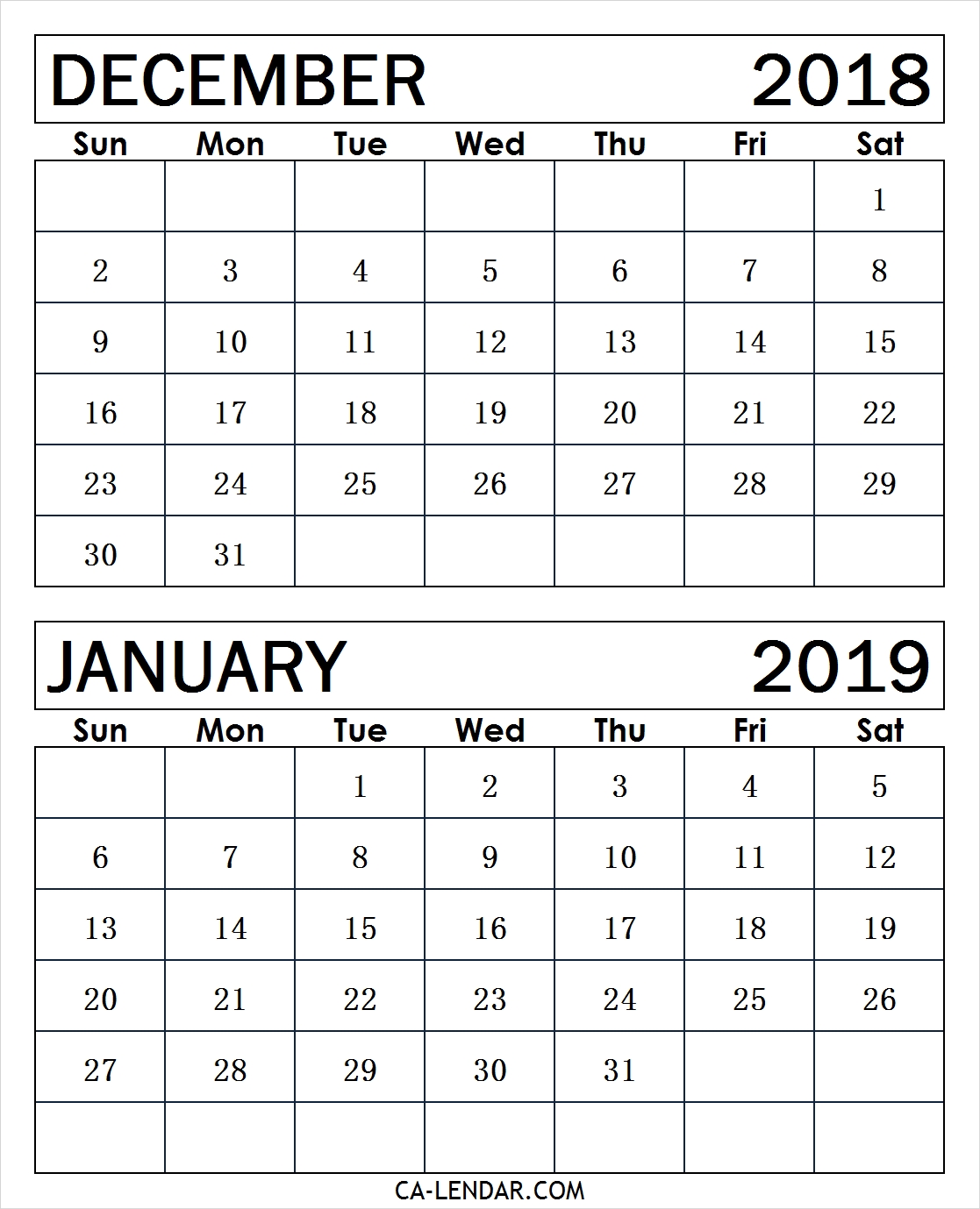 Printable Calendar Dec 2018 Jan 2019 | Printable Calendar 2019 intended for Calendar Images From Jan To Dec