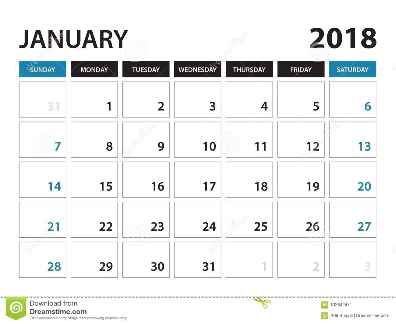 Printable Calendar For January 2018, Week Starts On Sunday Stock throughout Calendar By Week With Printable