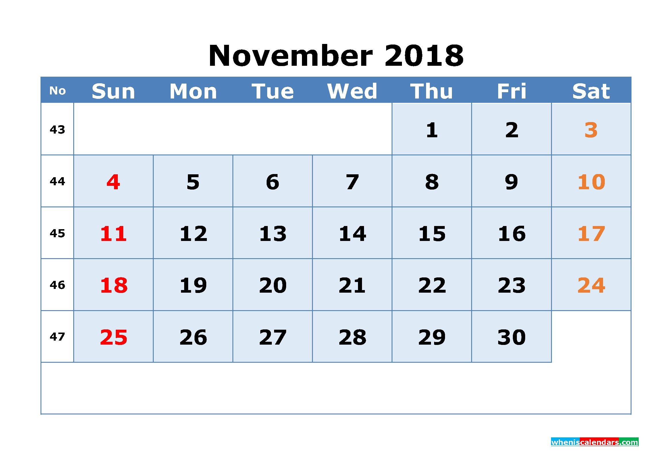 Printable Calendar November 2018 With Week Numbers As, Image | Free throughout Calendar Weeks Printable No Datwes