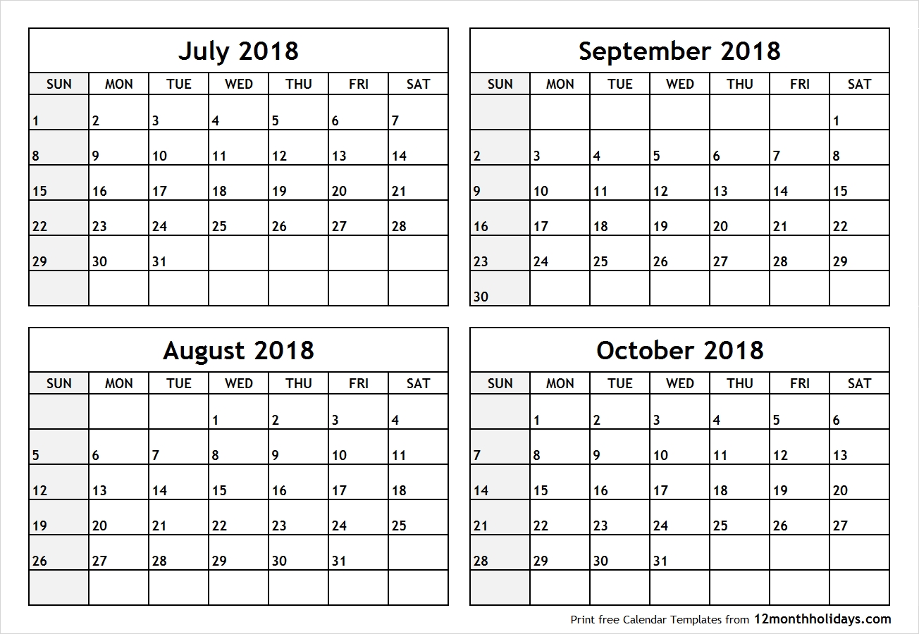 Printable Four Month July August September October 2018 Calendar within August And September Calendar Template