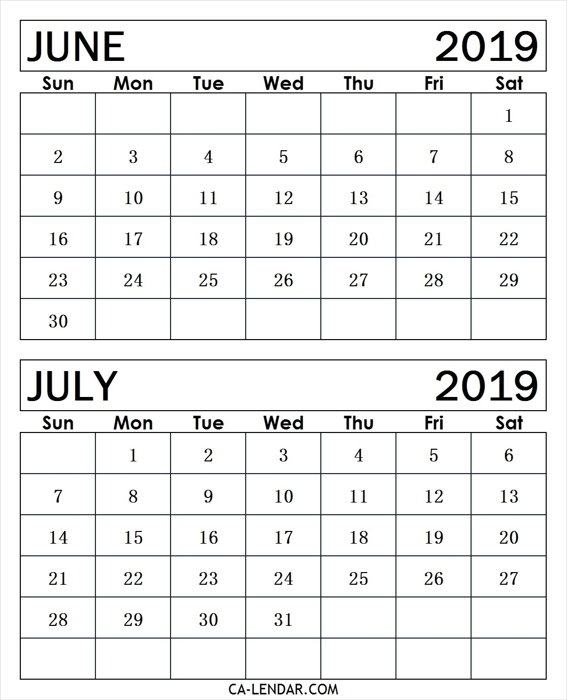 Printable June And July 2019 Calendar Monthly Templates - Calendar intended for Calender For June And July