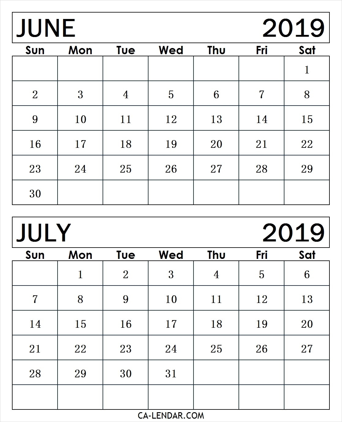Printable June And July 2019 Calendar Monthly Templates - Calendar with Calendar For June And July