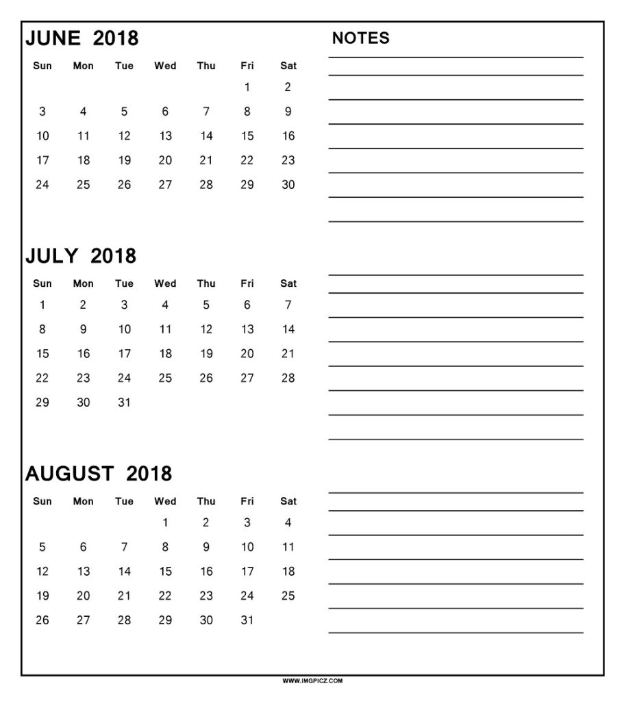 Printable June July August 2018 Calendar 3 Month Template Download inside Download A 3 Month Calendar