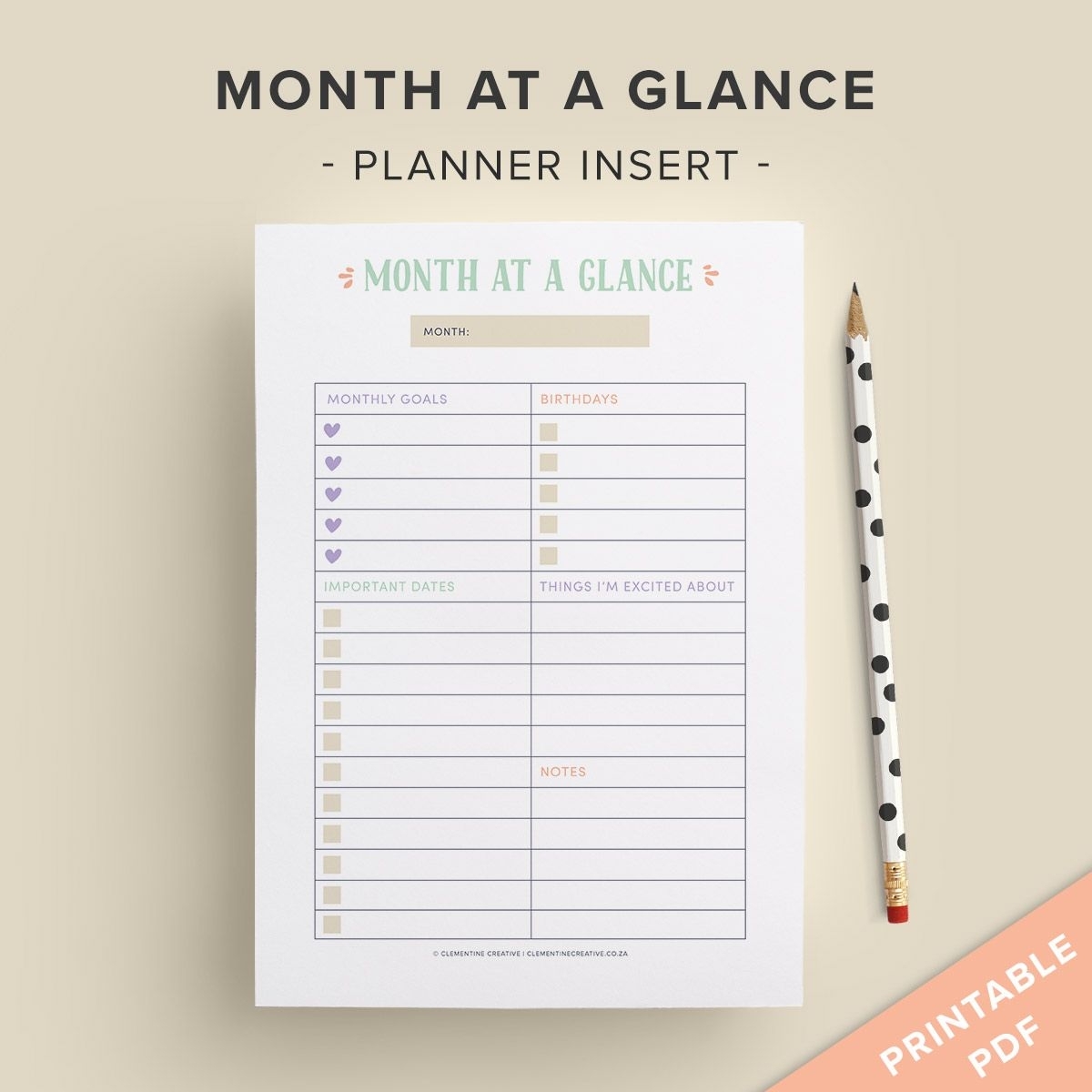 Printable Month At A Glance Planner Insert | Bullet Journal Ideas for Month At A Glance Printable