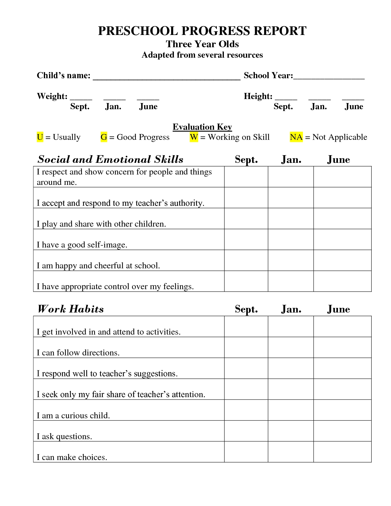 Printable Preschool Progress Report Template | Kg | Progress Report for Free Printable Template Daily Report For Parents