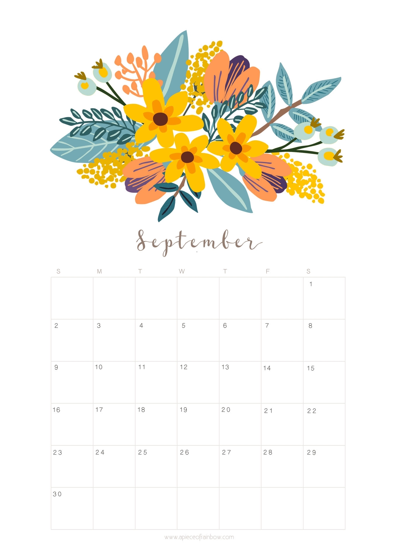 Printable September 2018 Calendar Monthly Planner - Floral Design inside Full Size Monthly Calendar September