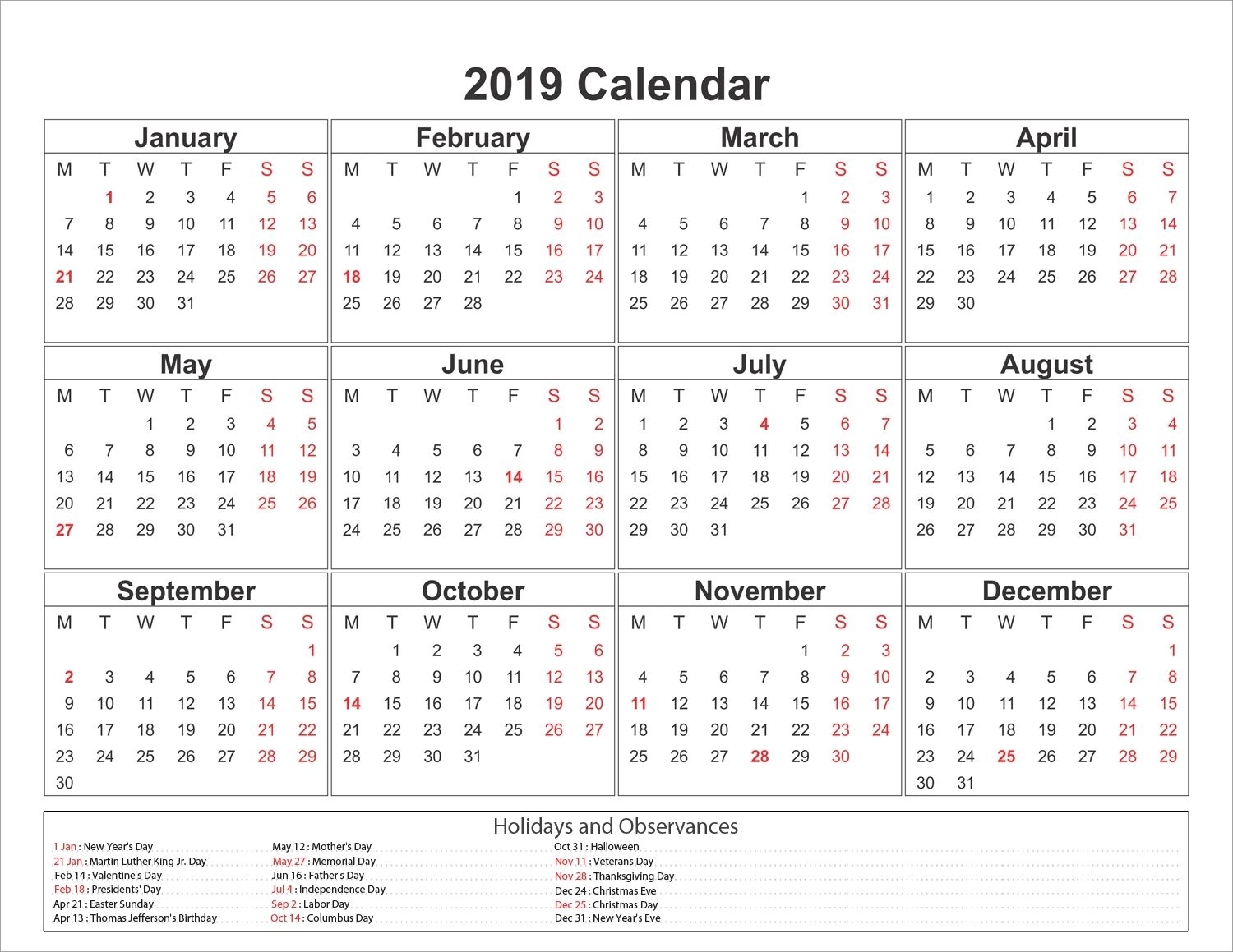 Printable Yearly Printable 2019 Calendar Pdf Template for Pdf Blank Calendar Without Months