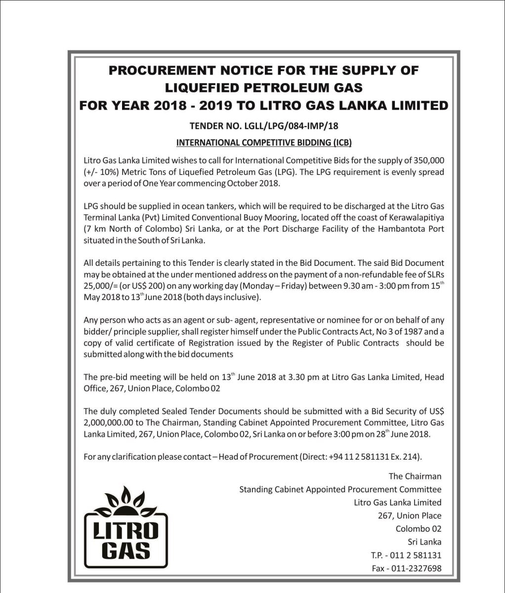 Procurement Notice Of Litro Gas Lanka Limited || The Embassy Of Sri inside 18 August 1987 In Sri Lanka