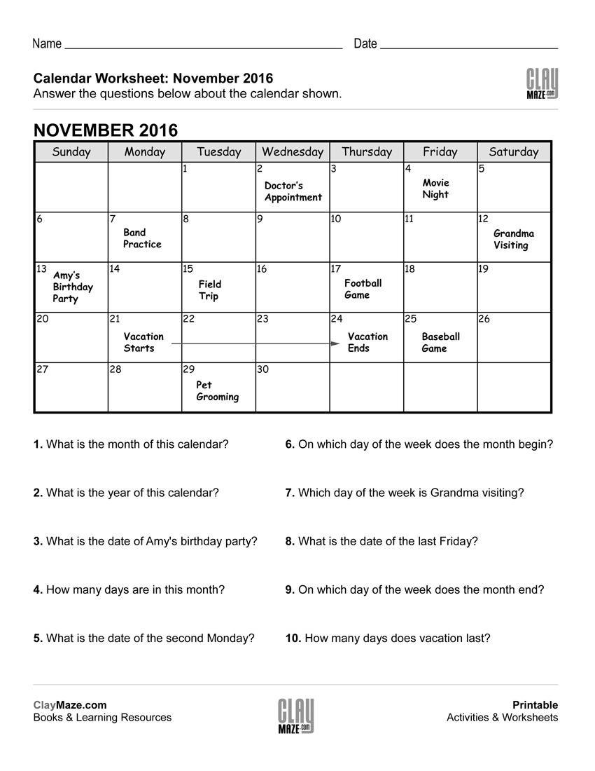 Reading A Calendar Worksheet – A | Free Printable Children&#039;s intended for Images Of Days Of The Week Calendar For One Month