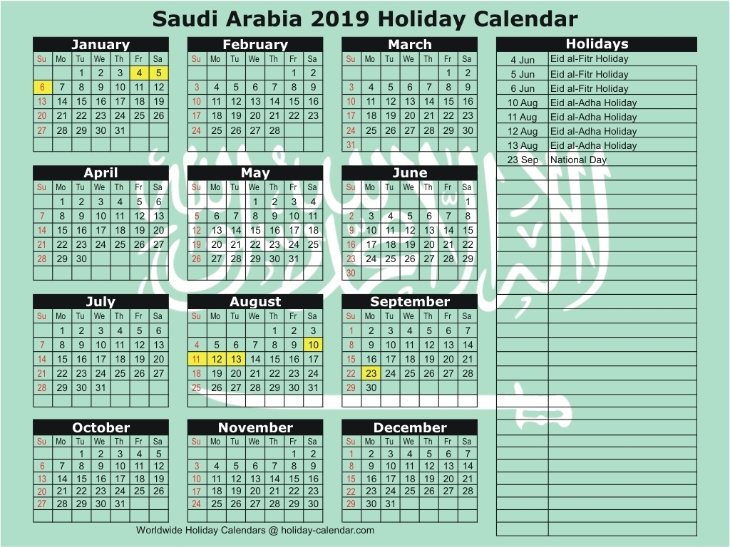 2019 calendar arabic and english