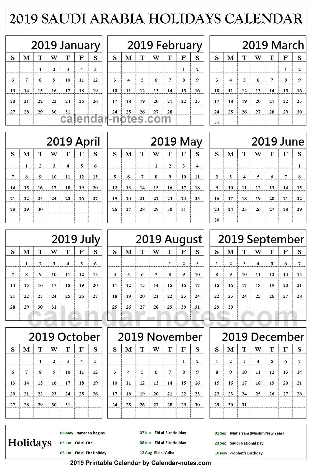 Saudi Arabia Holiday 2019 Calendar Archives - Calendar With Notes inside Calendar Of Ramadan In Saudi Arabia