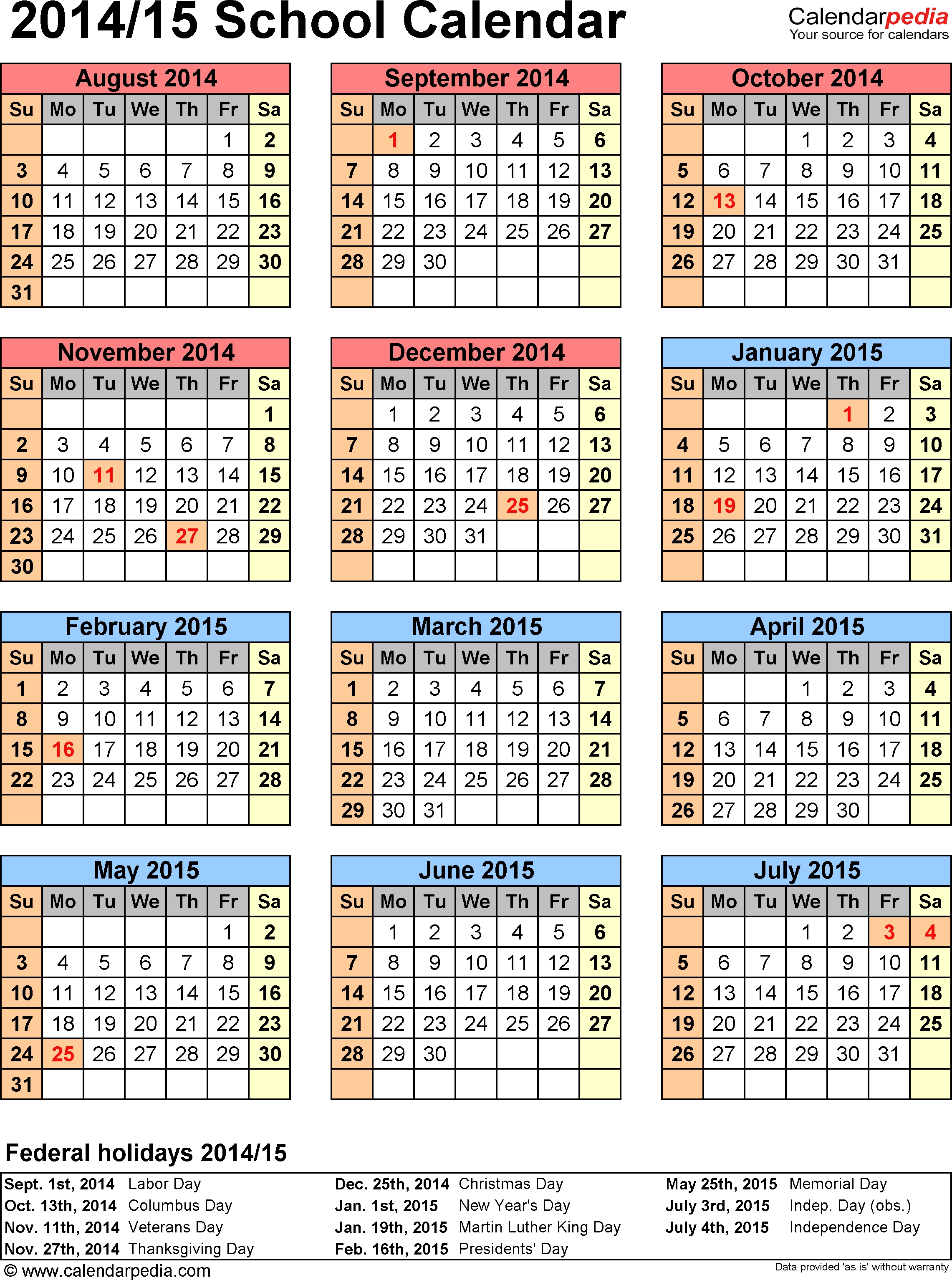 School Calendars 2014/2015 As Free Printable Word Templates pertaining to 5 School Day Calendar Blank