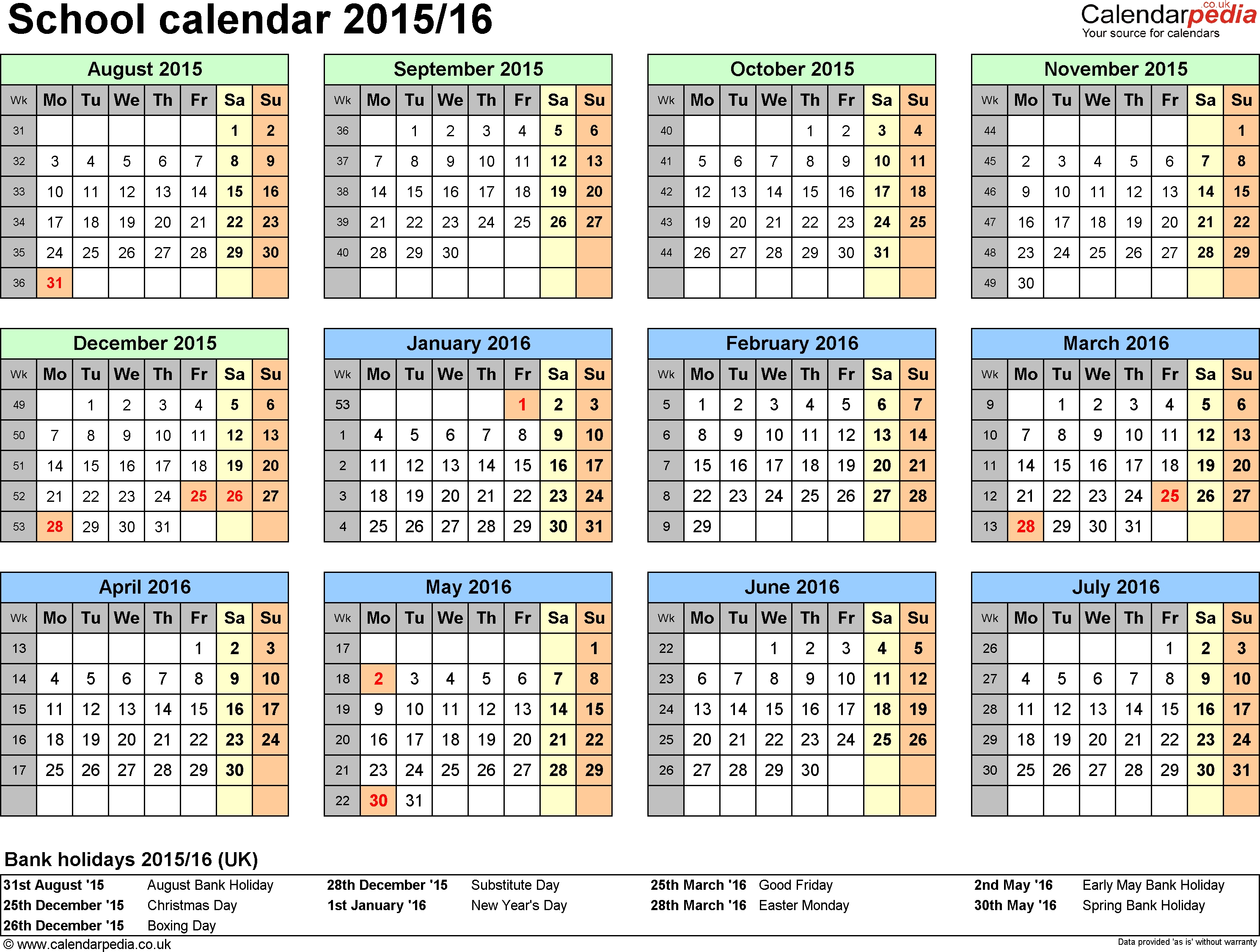 School Calendars 2015/2016 As Free Printable Word Templates pertaining to Free Printable Calendar Numbers For School Year