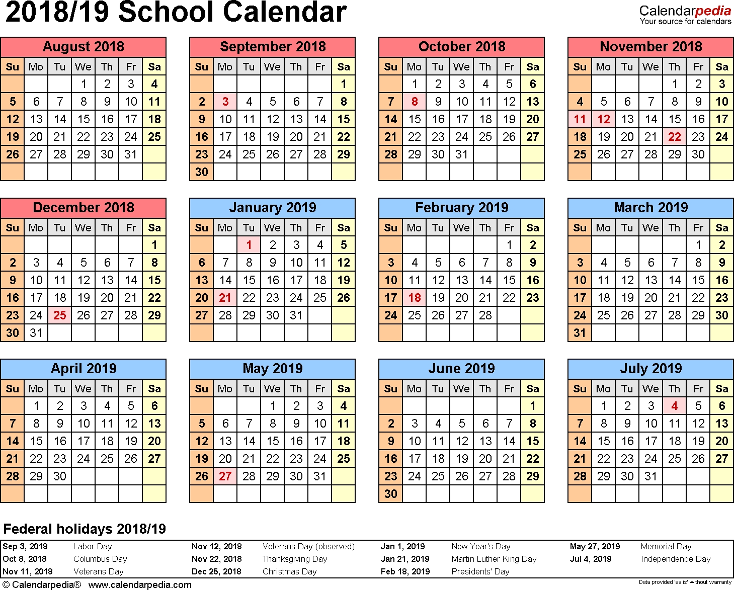 School Calendars 2018/2019 As Free Printable Word Templates in Free Printable 12 School Calendar