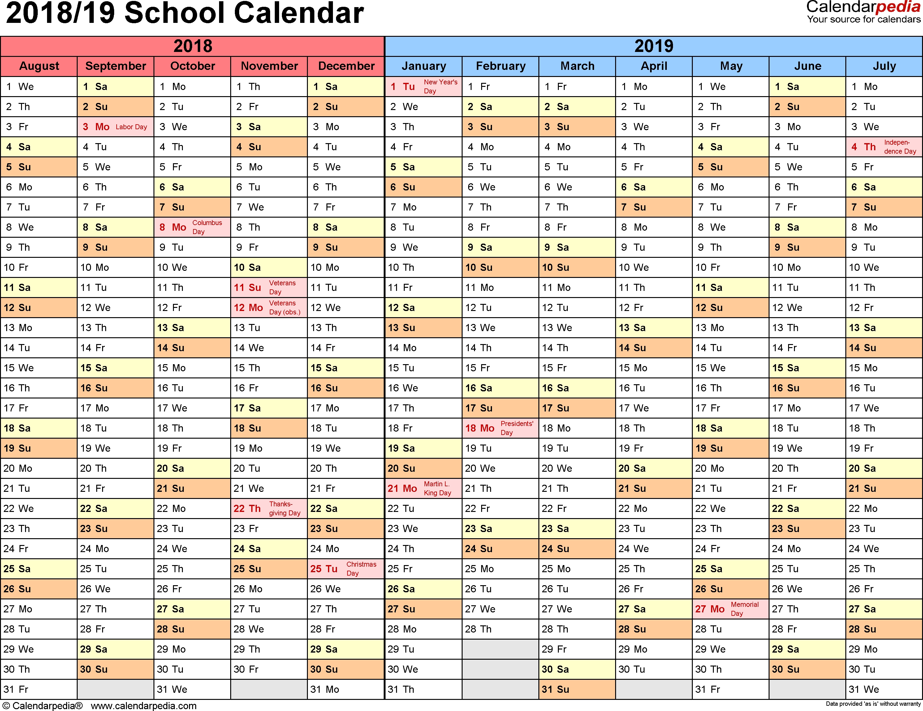 School Calendars 2018/2019 As Free Printable Word Templates inside School Calendar Template Monday Thursday