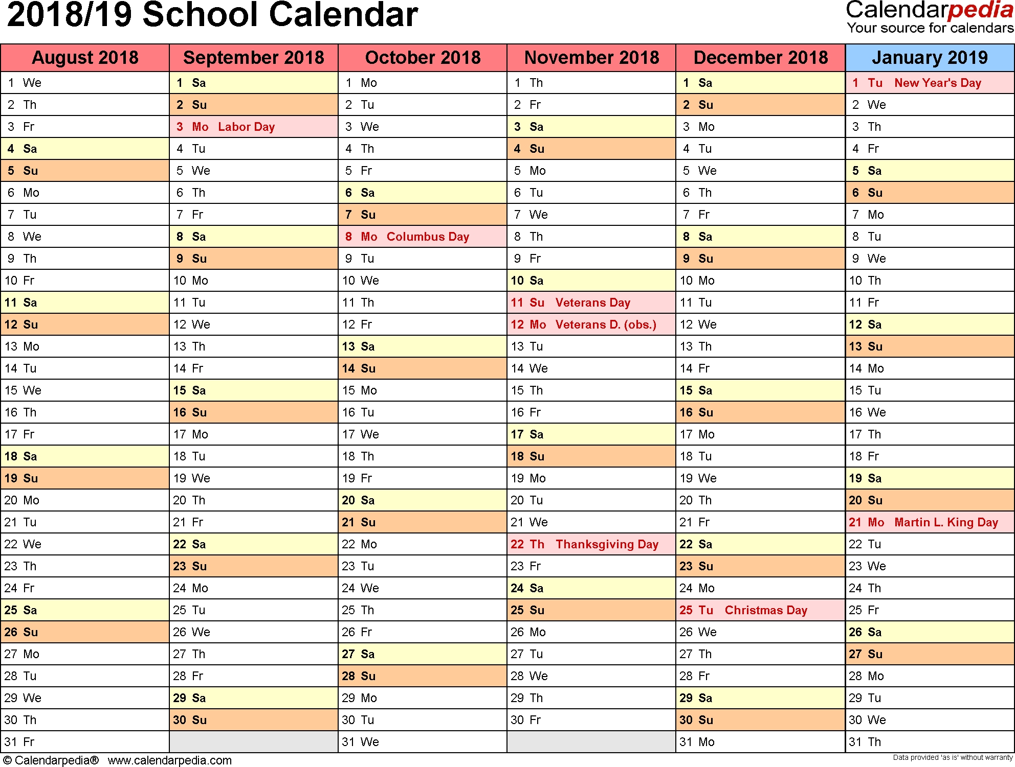 School Calendars 2018/2019 As Free Printable Word Templates regarding School Calendar Template Monday Thursday