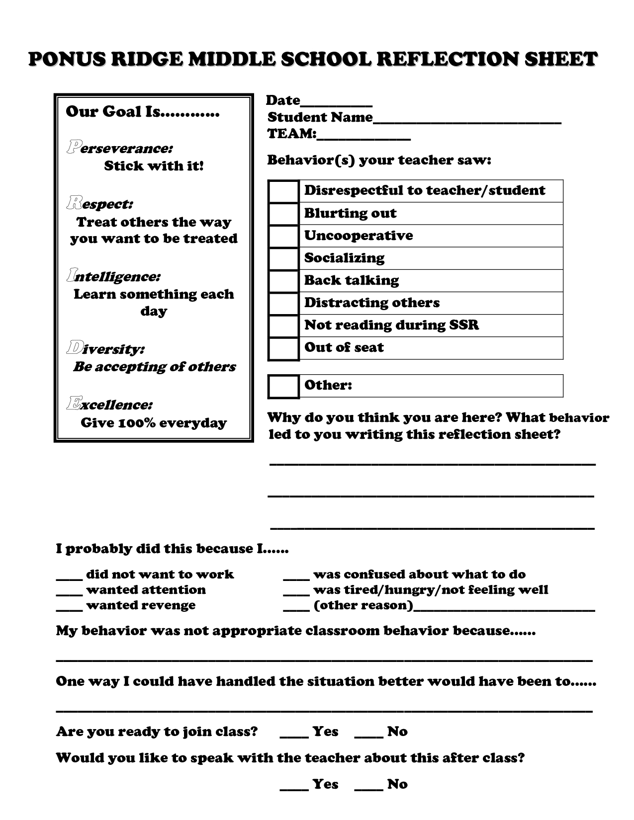 School Reflection Sheet Ponus Ridge Middle School Reflection Sheet in Conducut Chart For Play School