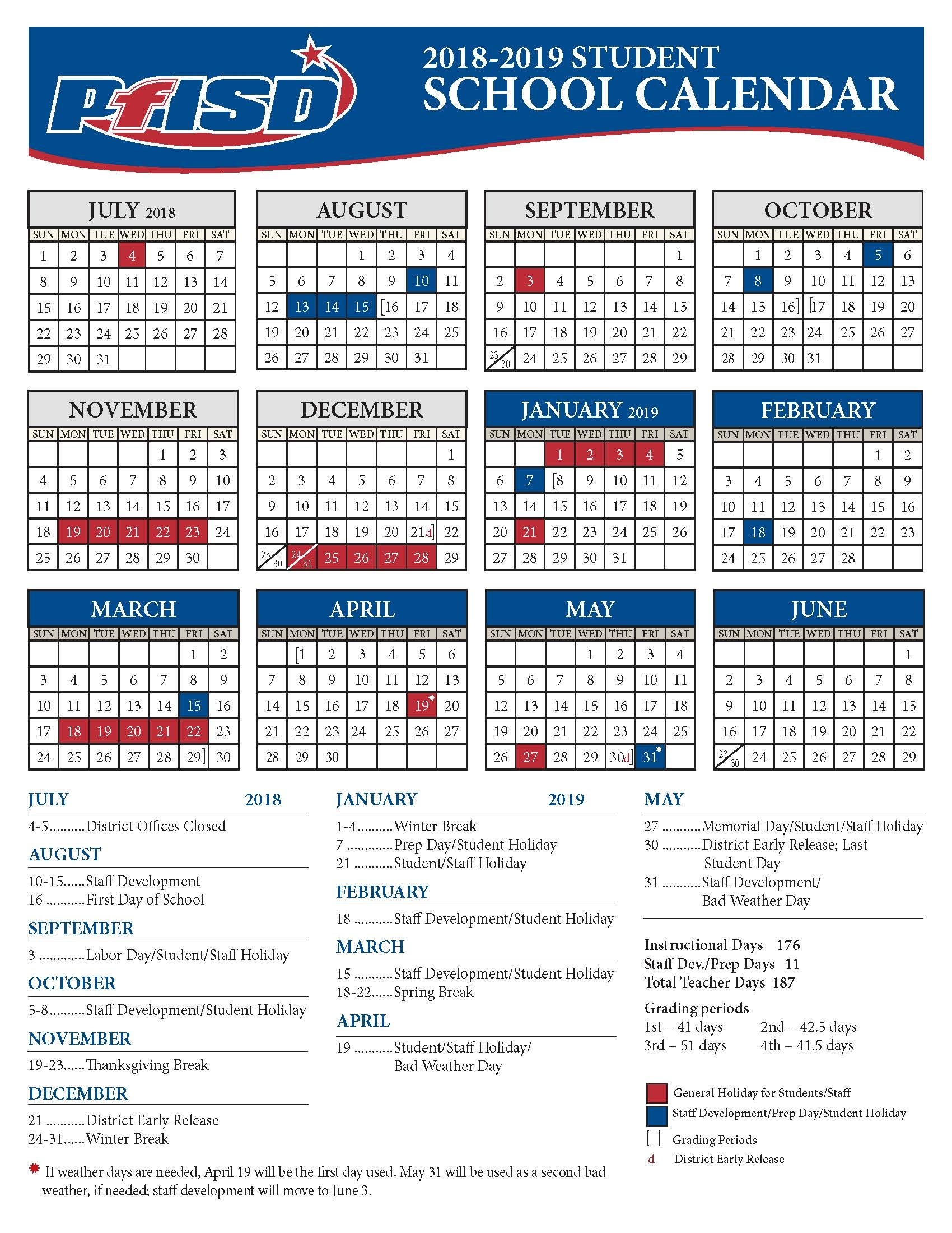 School Year Calendar / 2018-2019 District Calendar inside Blank 5 Day School Timetable