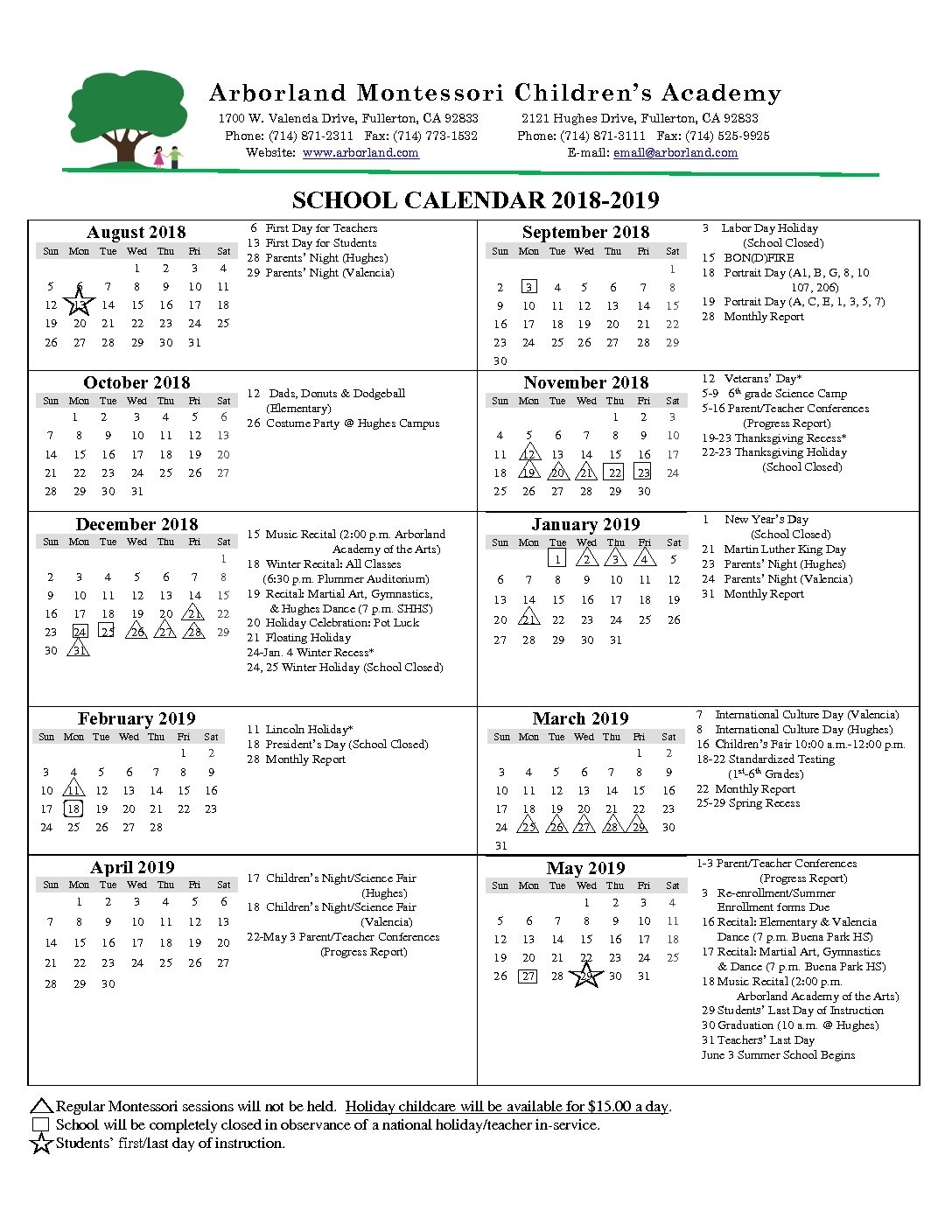 School Year Calendar - Montessori School, Kindergarten, Daycare intended for Birthday Calendar Montessori For Print