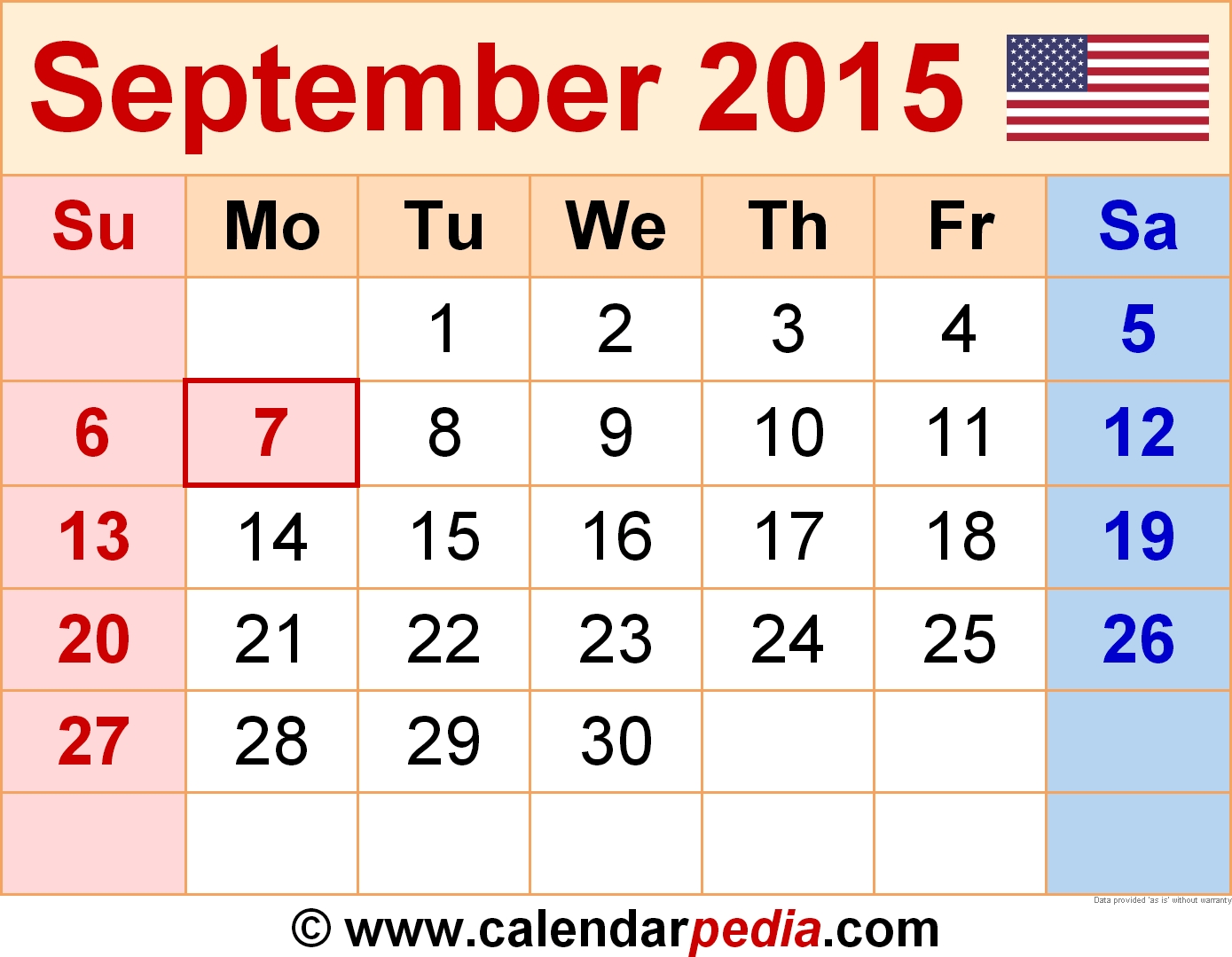 September 2015 Calendars For Word, Excel &amp; Pdf inside Sep Thru December 2015 Calendar Templates