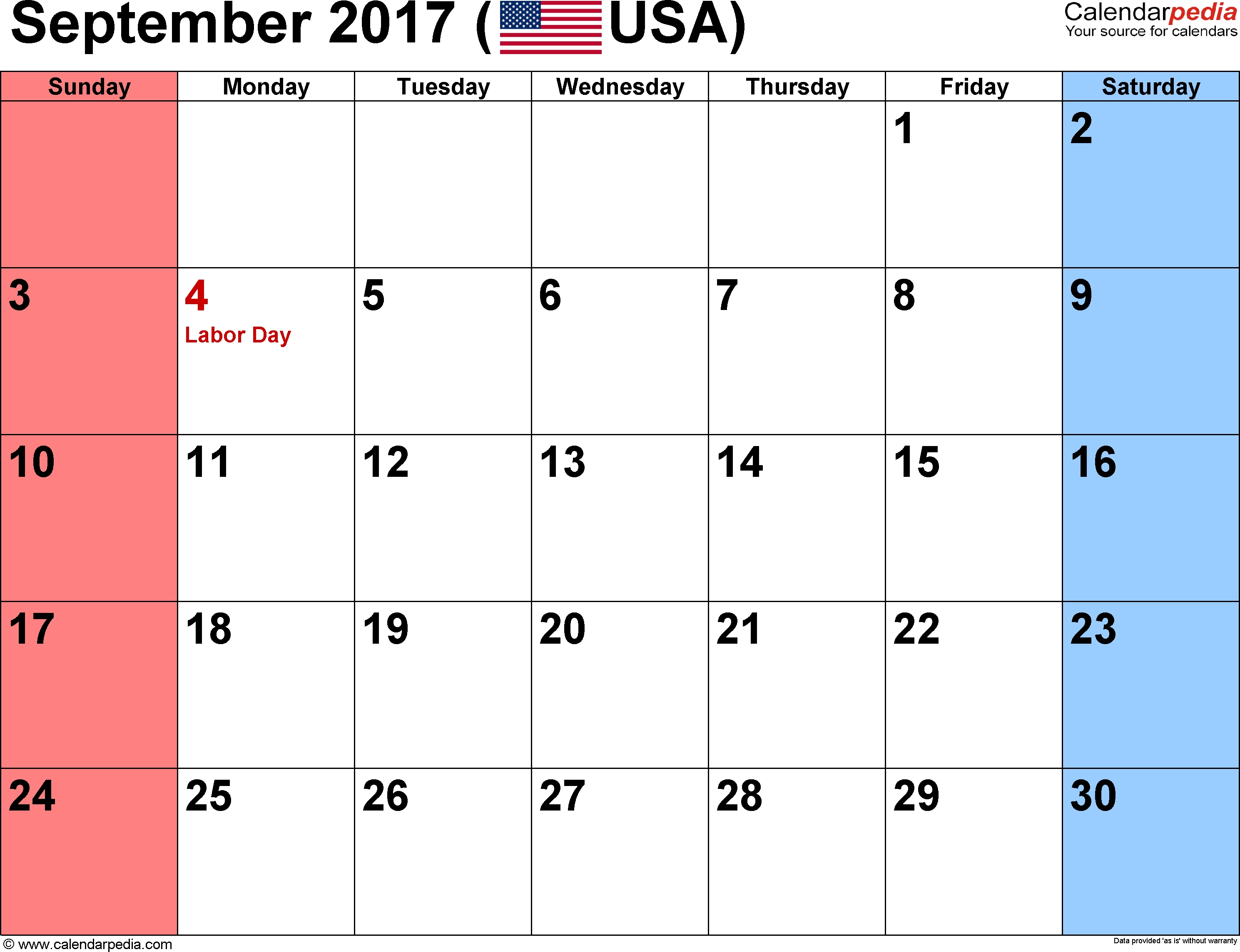 September 2017 Calendars For Word, Excel &amp; Pdf intended for Large Printable September Calendar With Holidays