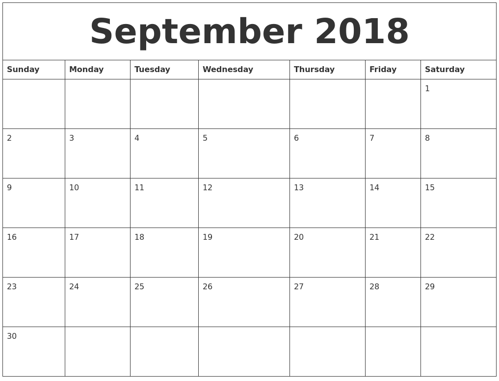 September 2018 Blank Monthly Calendar Template for Month To Month Calendar Printable