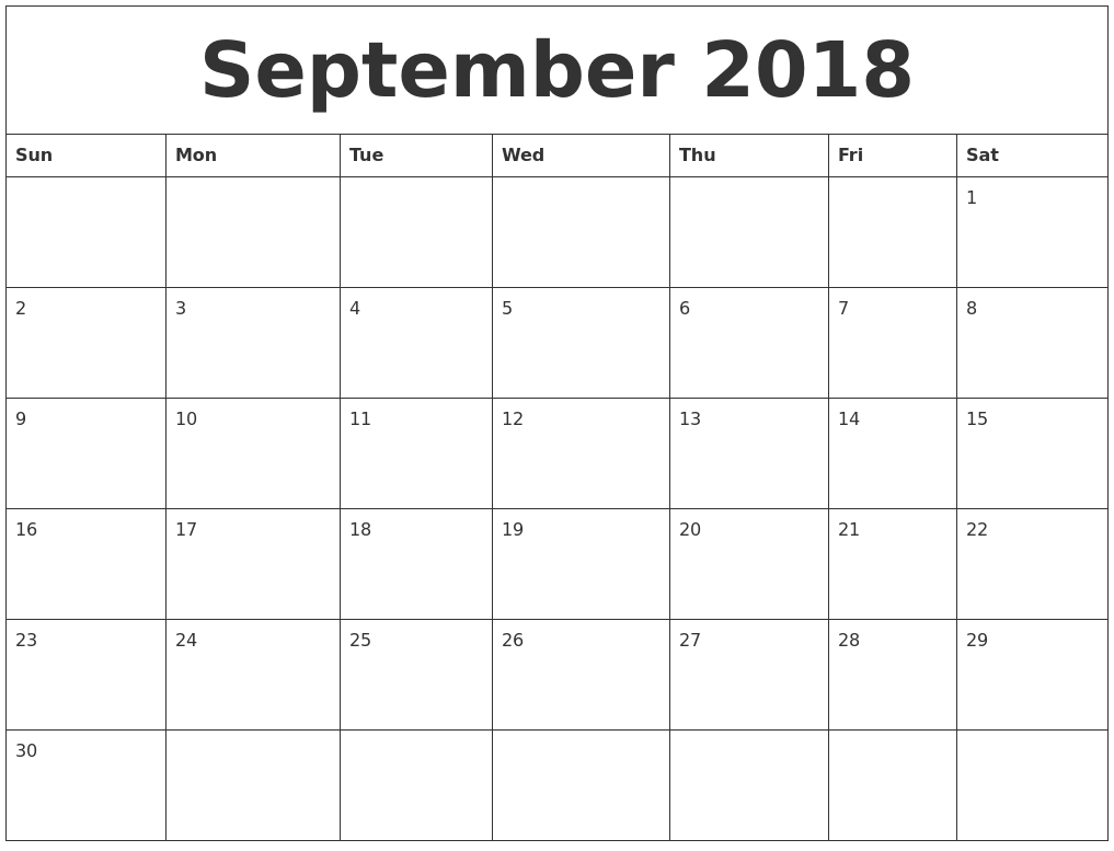 September 2018 Blank Monthly Calendar Template with Calendar For Month Of September