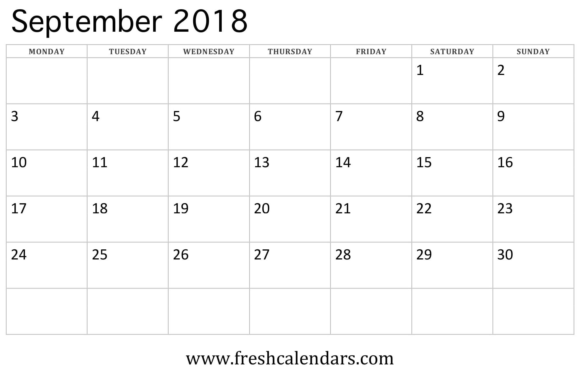 September 2018 Calendar Printable - Fresh Calendars throughout Month Calendar Beginning On Monday