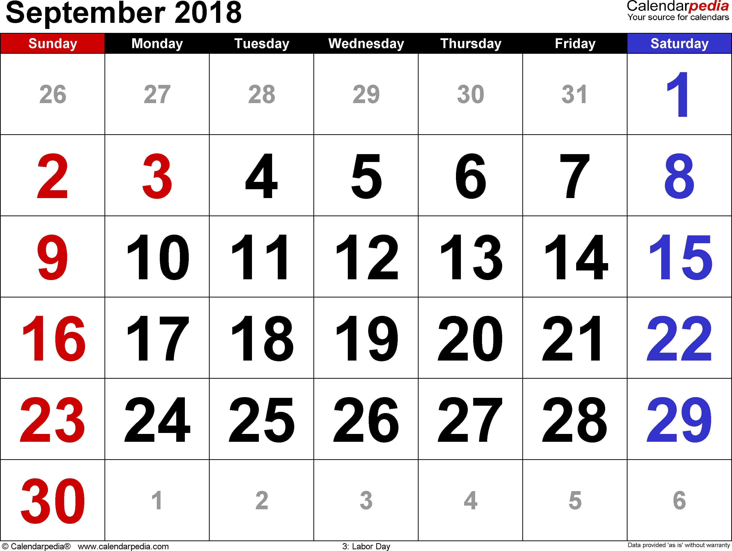 September 2018 Calendars For Word, Excel &amp; Pdf in Large Printable Calendar Sept 2-17