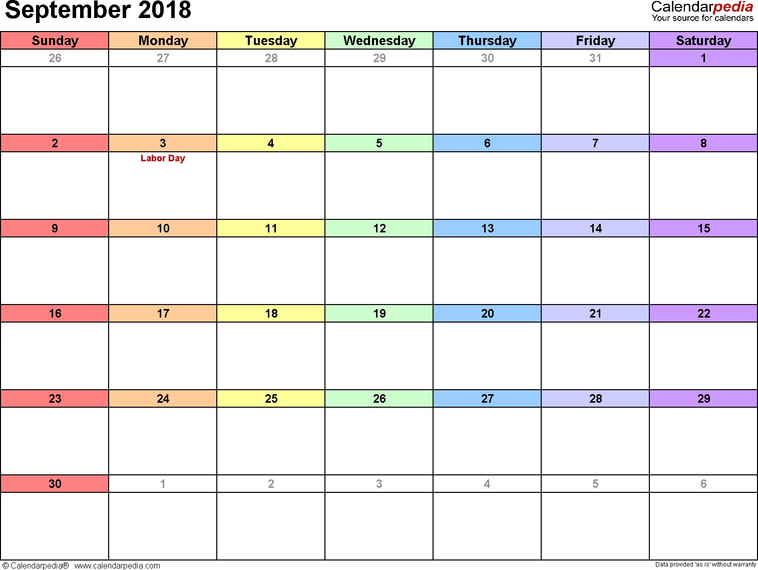 September 2018 Calendars For Word, Excel &amp; Pdf intended for Calendar Of The Month Of September