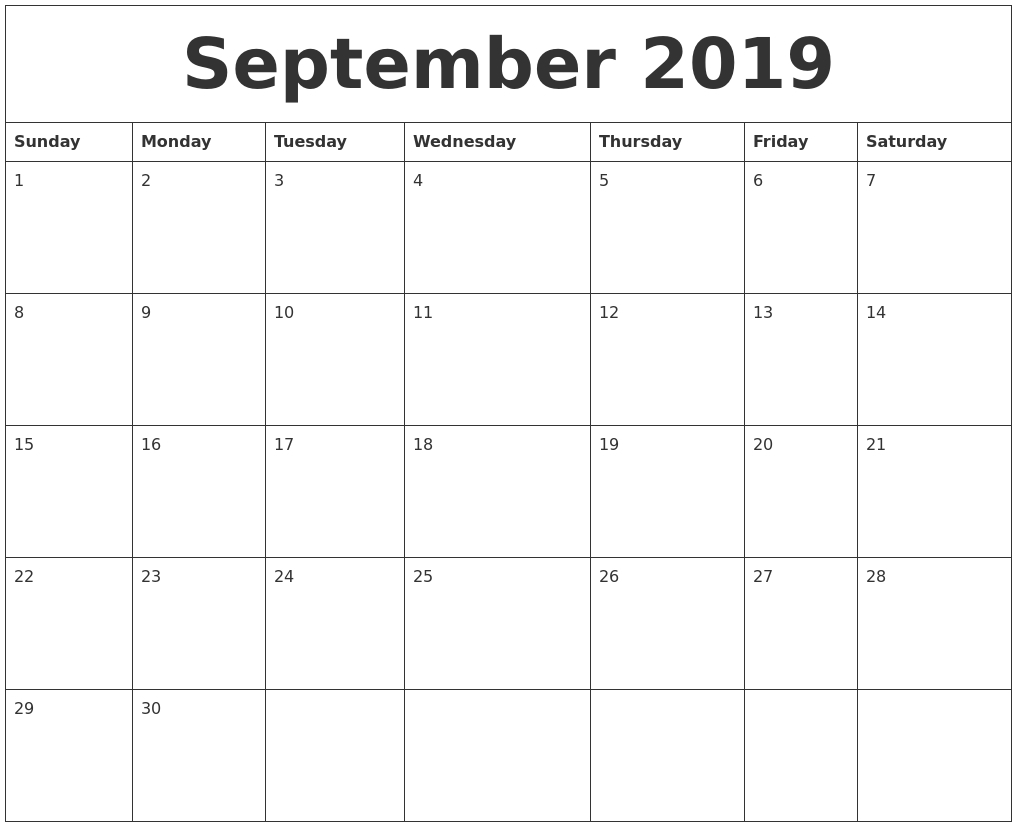 September 2019 Calendar Template | Printable Calendar Template with Calendar Template With 194 Days