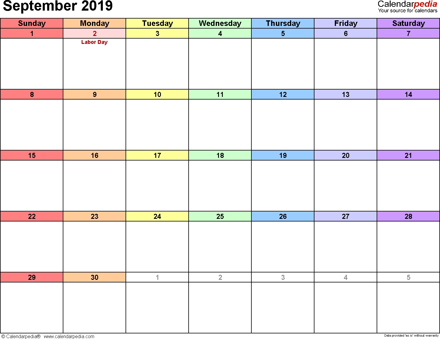 September 2019 Calendars For Word, Excel &amp; Pdf inside Full Size Monthly Calendar September