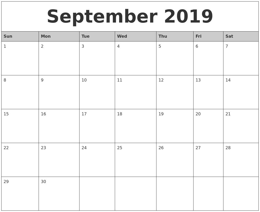 September 2019 Monthly Calendar Printable inside Full Size Monthly Calendar September