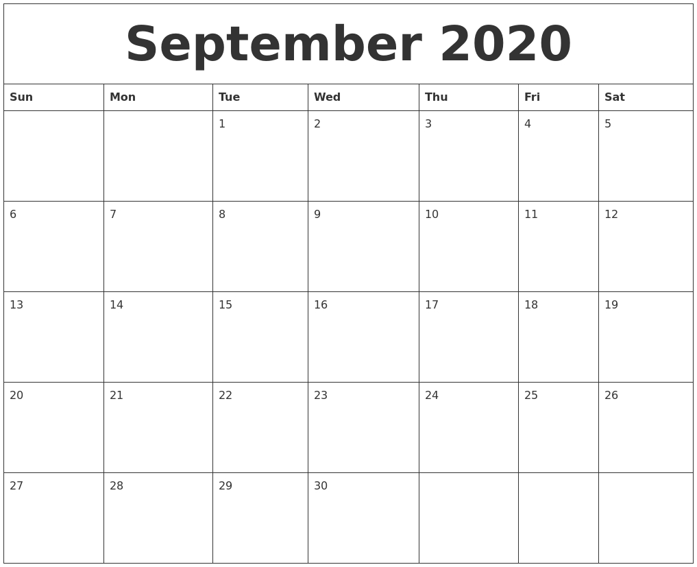 September 2020 Monthly Printable Calendar inside Month By Month Prontable Calender