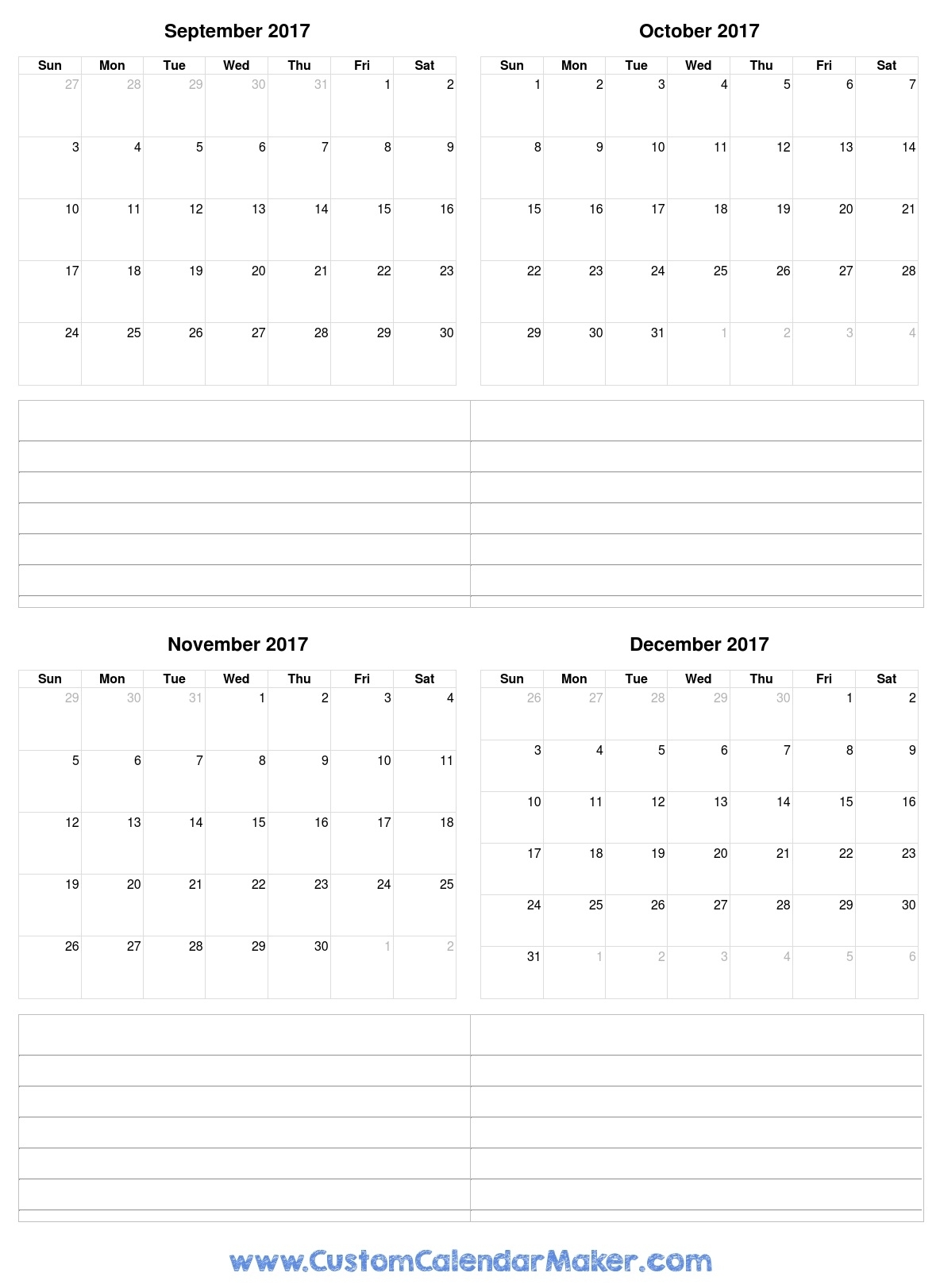 September To December 2017 Calendar Printable For Free inside Calander From August - December