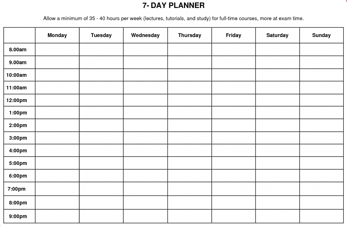 Seven Day Calendar Template Schedule Archaicawful Ulyssesroom Hourly with Blank 7 Day Calendar To Print