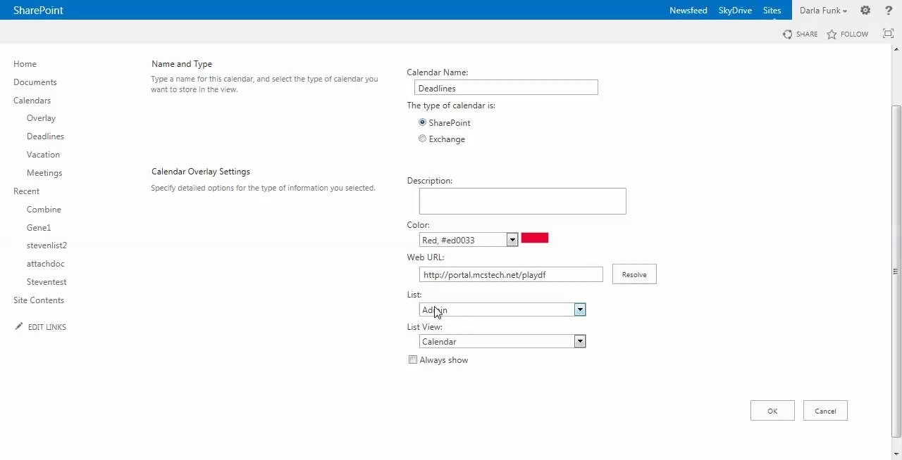 Sharepoint Calendar Overlay - Youtube in Sharepoint 2013 Calendar Overlay Settings