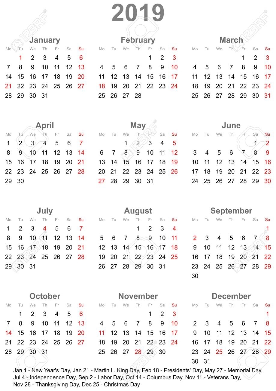 Simple Calendar 2019 - One Year At A Glance - Starts Monday With with Year In A Glance Calendar