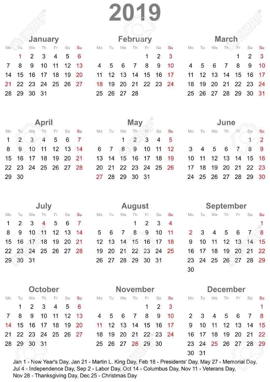 Simple Calendar 2019 - One Year At A Glance - Starts Monday With within Calendars Year At A Glance