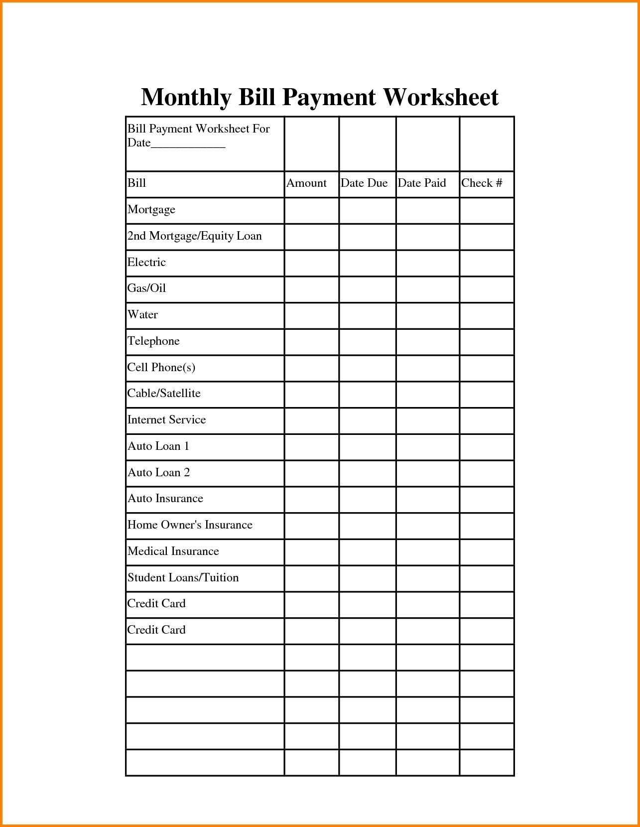 Simple Monthly Bill And Payment Budget Planner For Excel Spreadsheet throughout Printable Monthly Bill Payment Worksheet