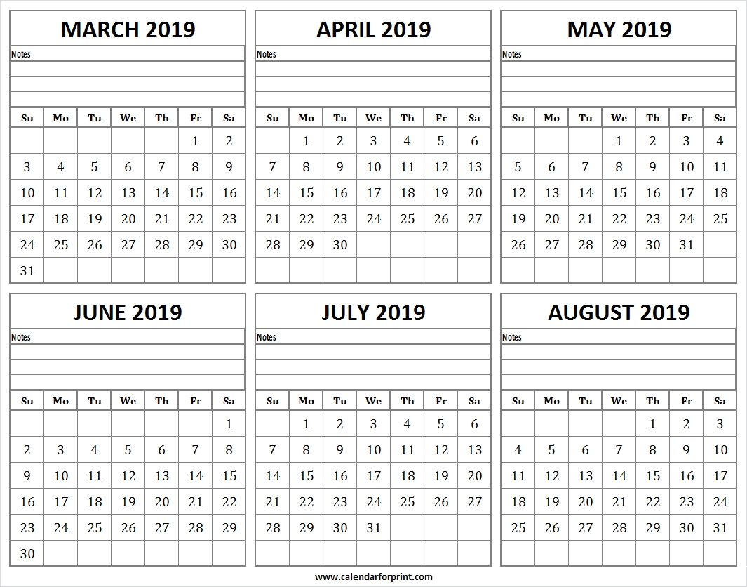 Six Month March August 2019 Calendar Templates | Six Months Calendar inside Month Of August Calendar With Lines