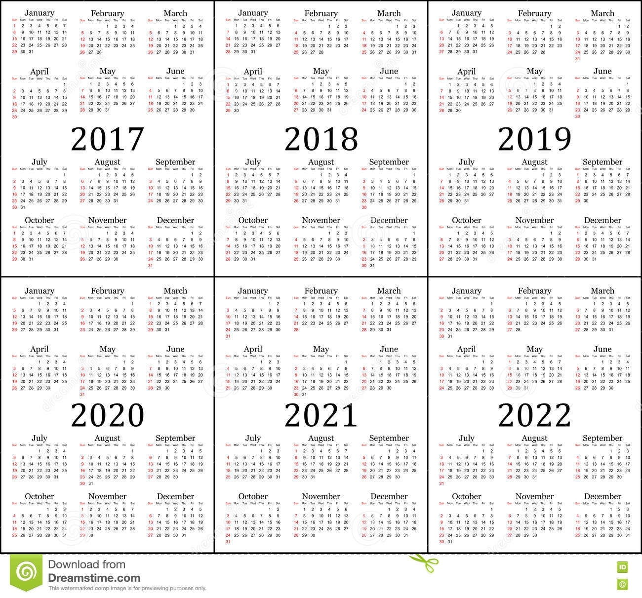 Six Year Calendar - 2017, 2018, 2019, 2020, 2021 And 2022 Stock with regard to Blank Year Long Calendar 2022