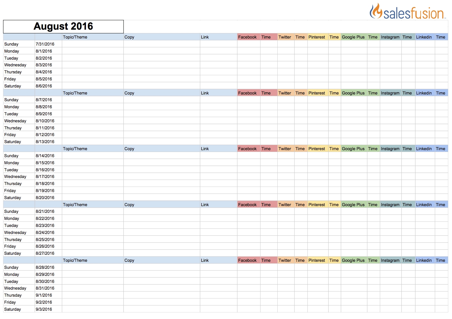 Social Media Content Calendar Template | Salesfusion with Social Media Content Weekly Schedule