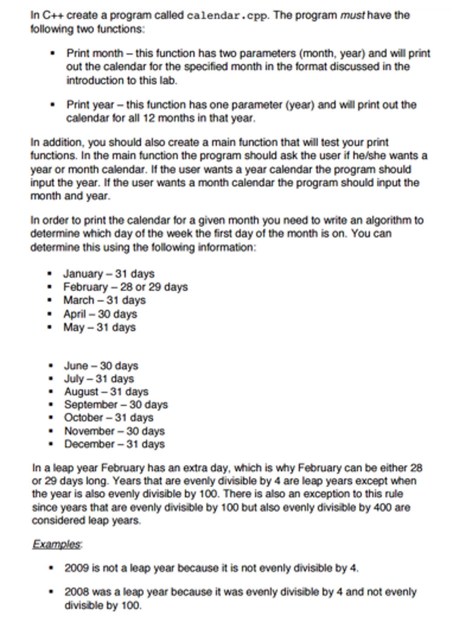 Solved: In C++ Create A Program Called Calendar. Cpp. The for Calendar Of February Month Of 100 Years