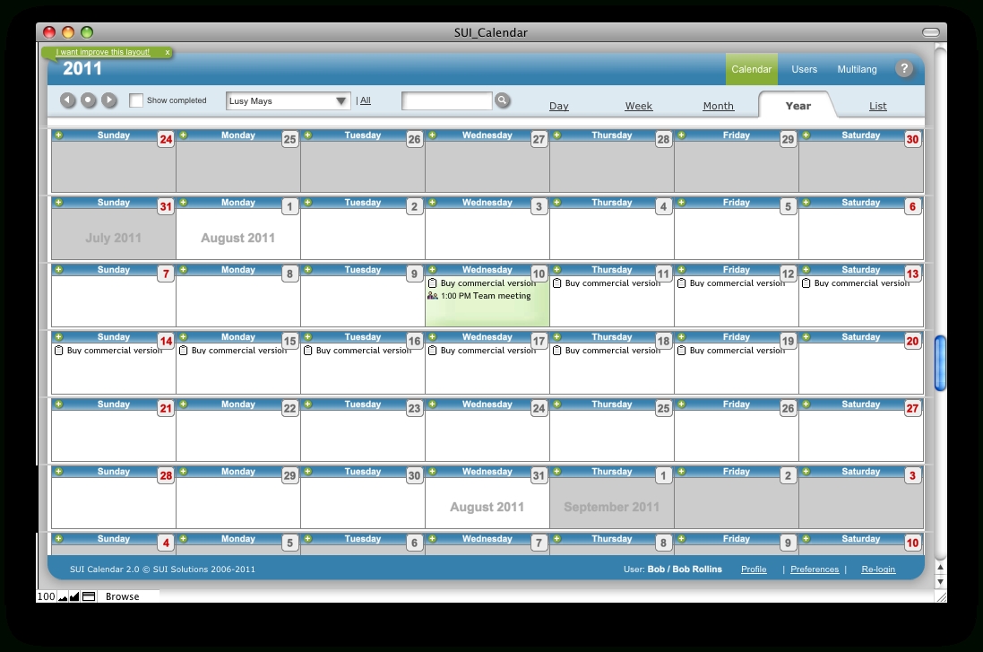 Sui Calendar 2.0 Online Help - Calendar Year View in Year At A View Calendar