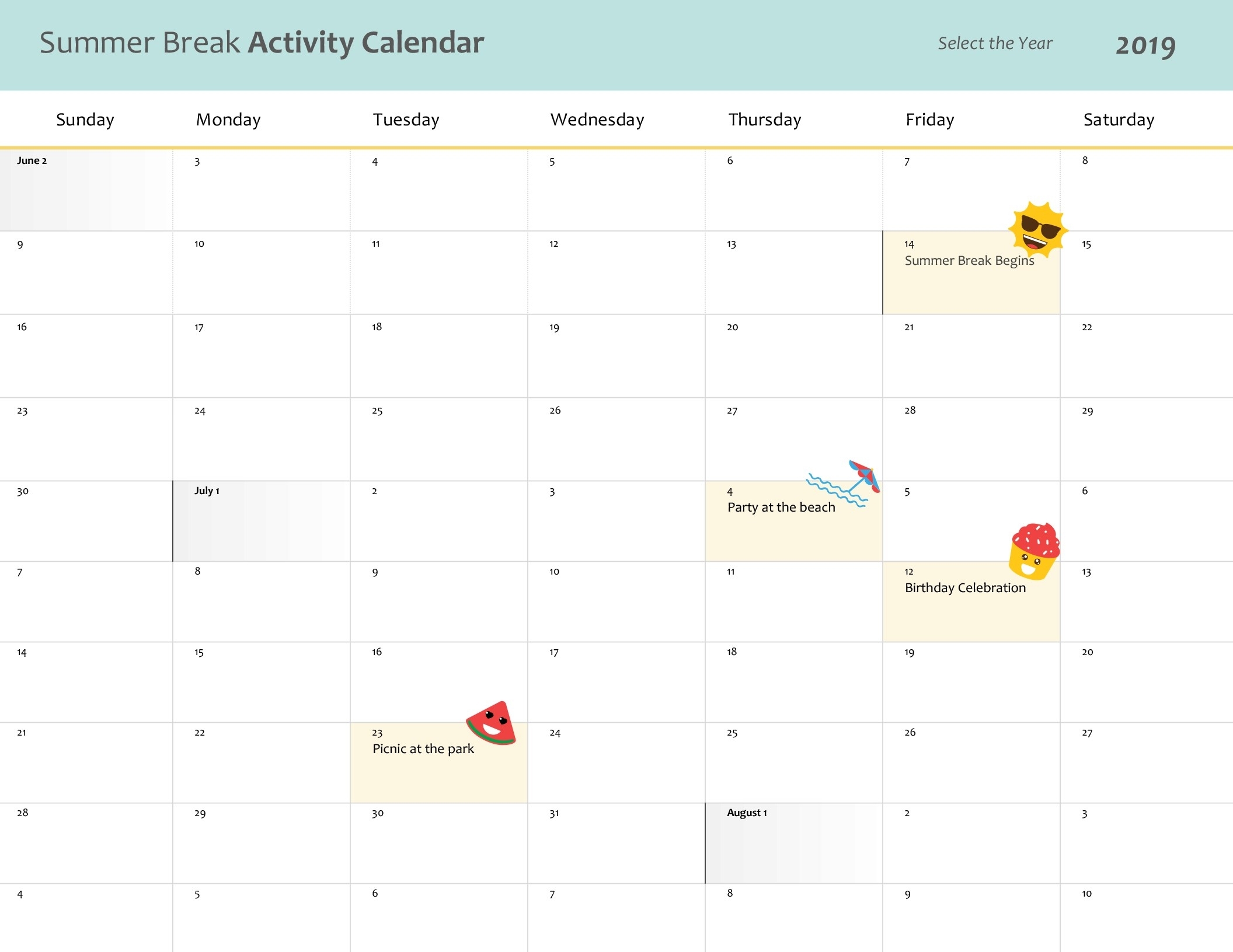 Summer Break Calendar within Summer Picture For Birthday Calendars